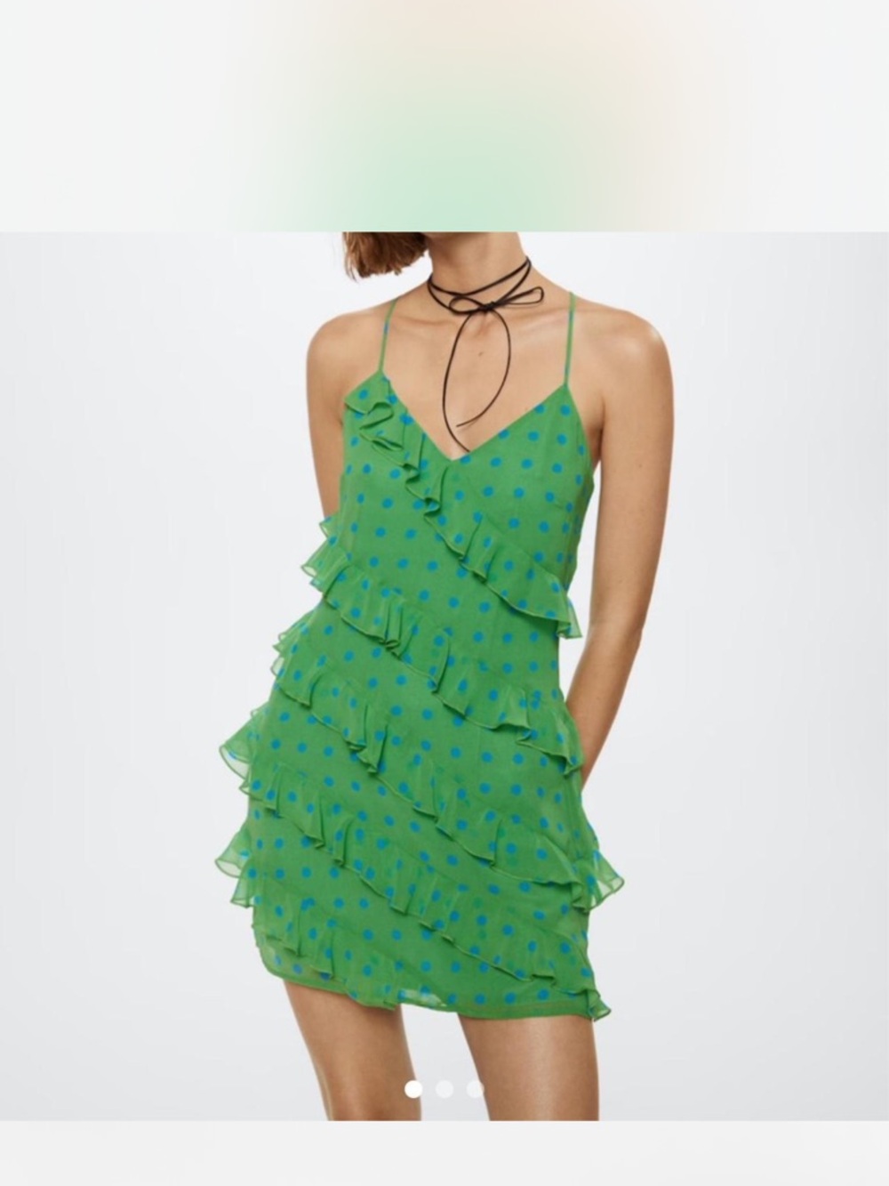 Mango Green Mini Dress with Blue Polka Dots